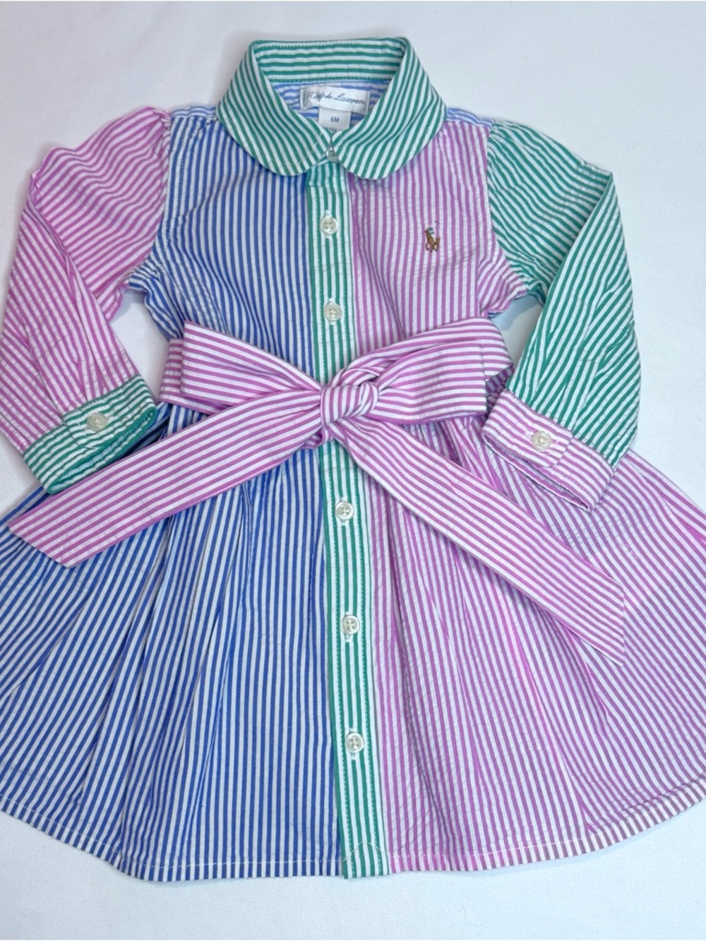 Ralph Lauren Baby Girl Seersucker Striped Shirt Dress 6M Multicolor w/ Belt
